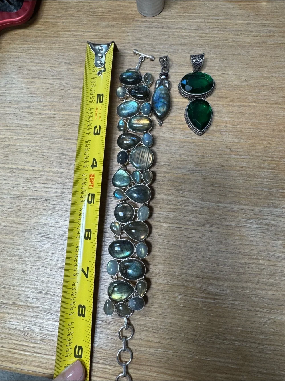 Sterling Silver Labradorite Bracelet & pendant w garnet & green diopside pendant - Picture 13 of 15